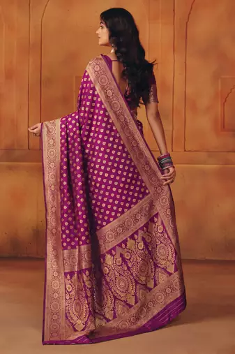 Purple silk blend banarasi saree with unstitched blouse piece