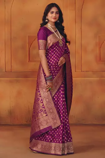 Purple silk blend banarasi saree with unstitched blouse piece