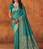 Rama silk blend banarasi saree with unstitched blouse piece