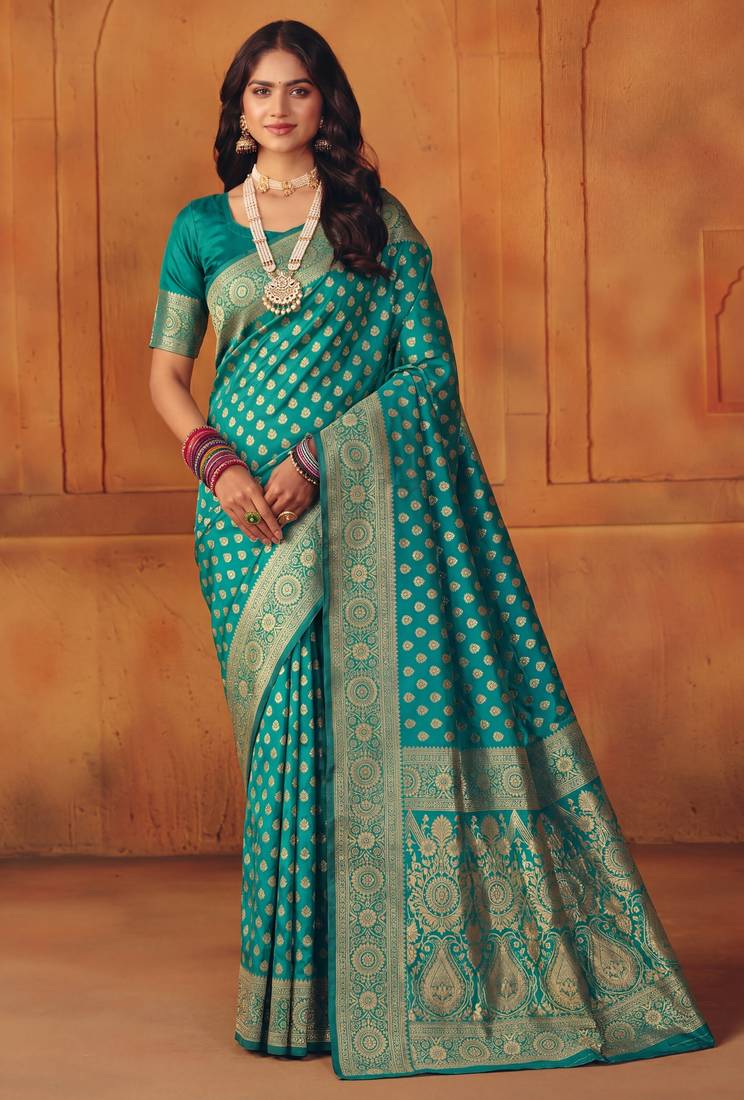 Rama silk blend banarasi saree with unstitched blouse piece