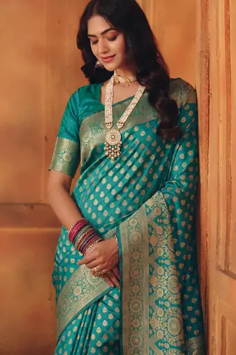 Rama silk blend banarasi saree with unstitched blouse piece