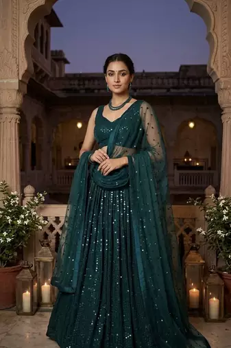 Dark Teal Georgette Lehenga Choli with Heavy Sequins Work & Organza Dupatta