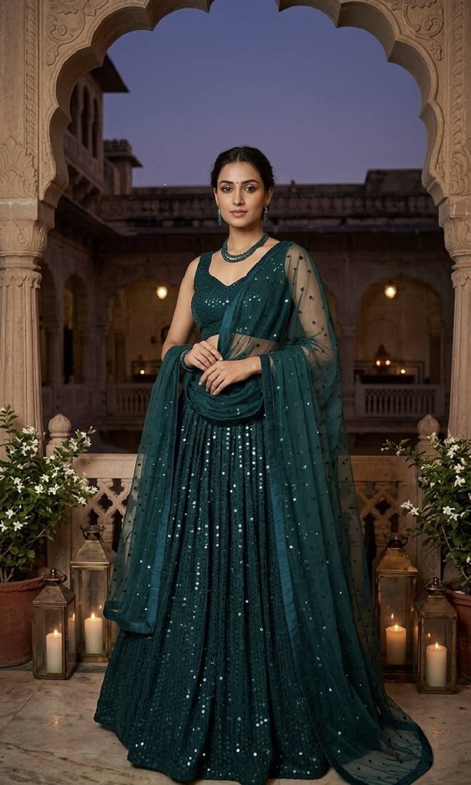 Dark Teal Georgette Lehenga Choli with Heavy Sequins Work & Organza Dupatta