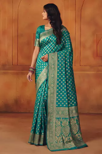 Rama silk blend banarasi saree with unstitched blouse piece
