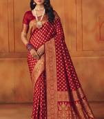 Red silk blend banarasi saree with unstitched blouse piece