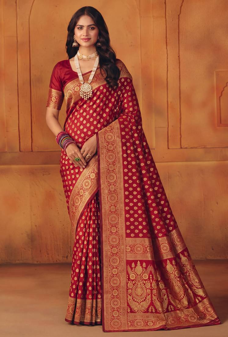 Red soft silk blend banarasi jacuard work designer party wear saree with unstitched blouse piece