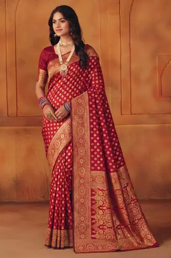 Red silk blend banarasi saree with unstitched blouse piece