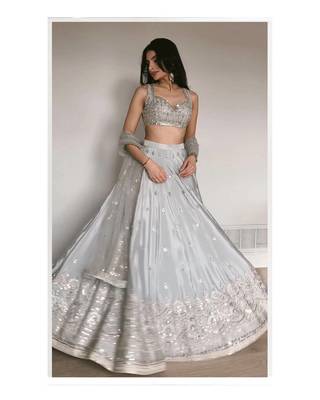 Silver Grey Satin Silk Lehenga Choli with Net dupatta 1
