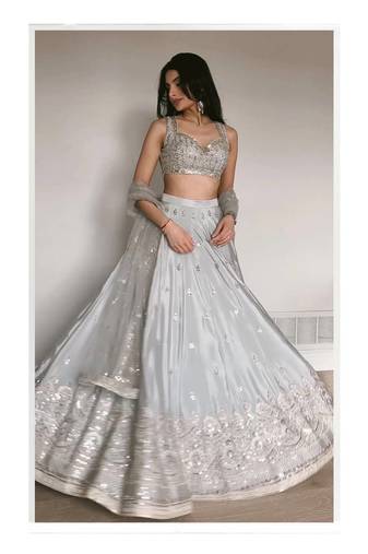 Silver Grey Satin Silk Lehenga Choli with Net dupatta