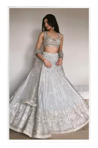 Silver Grey Satin Silk Lehenga Choli with Net dupatta