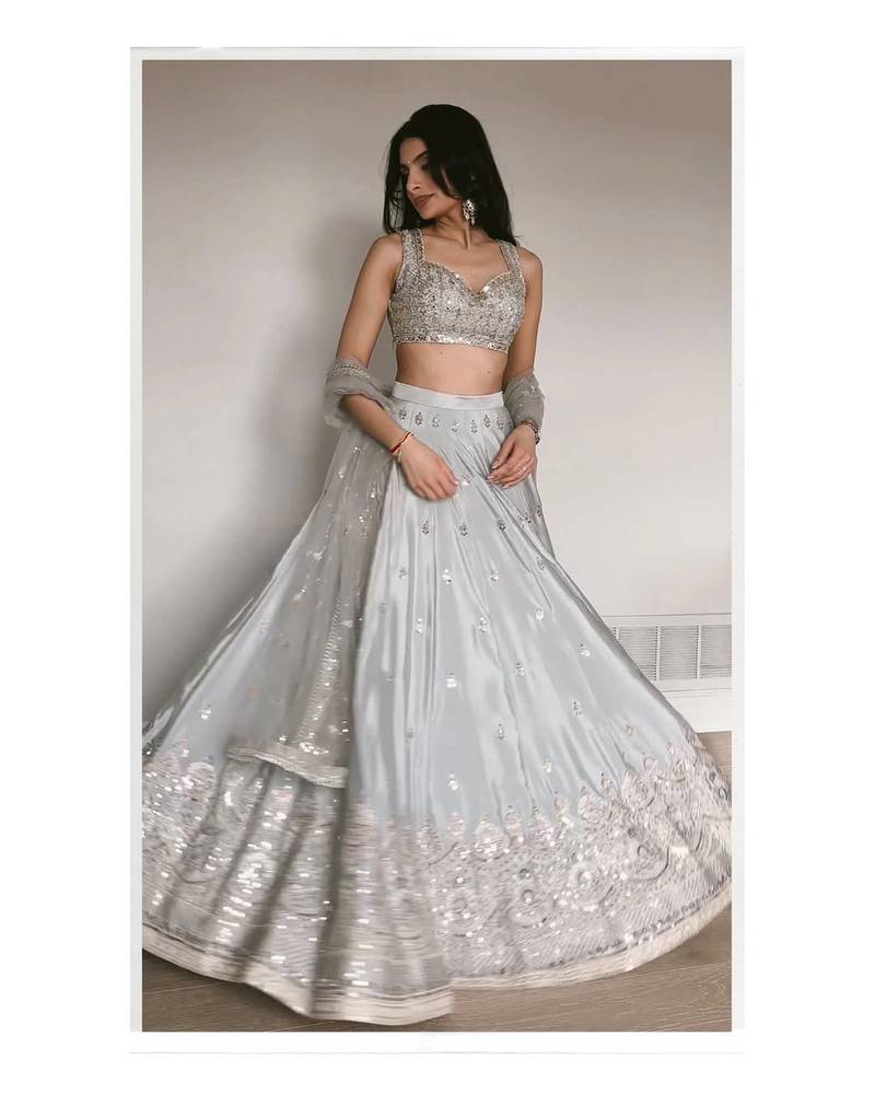 Silver Grey Satin Silk Lehenga Choli with Net dupatta