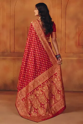 Red silk blend banarasi saree with unstitched blouse piece