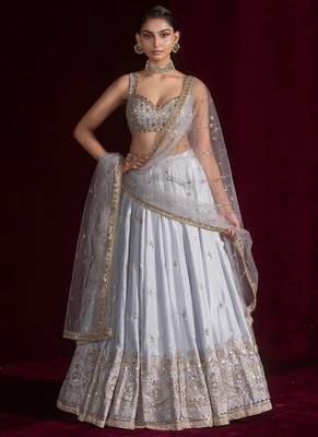 Silver Grey Satin Silk Lehenga Choli with Net dupatta 2