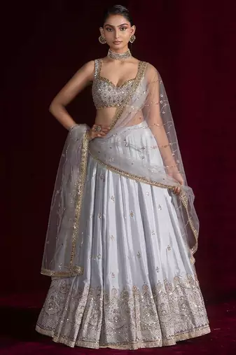 Silver Grey Satin Silk Lehenga Choli with Net dupatta