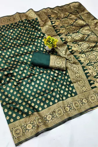 Green silk blend banarasi saree with unstitched blouse piece