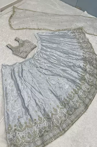 Silver Grey Satin Silk Lehenga Choli with Net dupatta