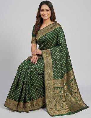 Green silk blend banarasi saree with unstitched blouse piece 1