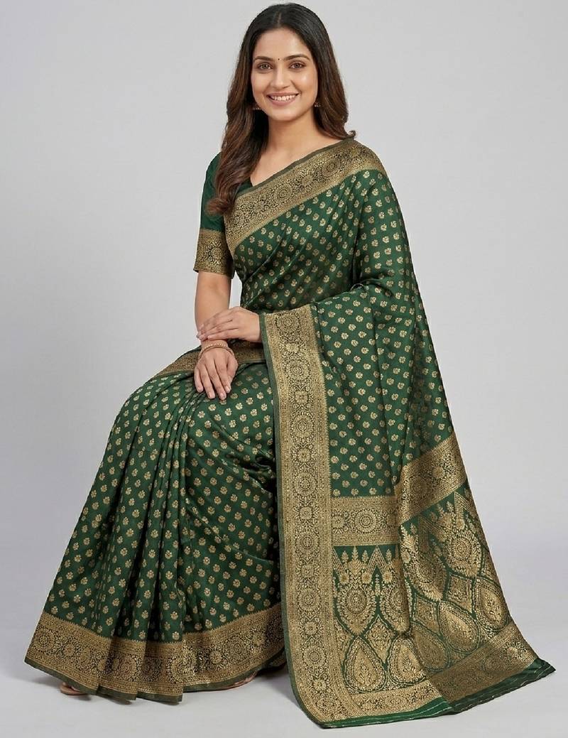 Green soft silk blend banarasi jacuard work designer party wear saree with unstitched blouse piece