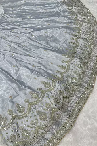 Silver Grey Satin Silk Lehenga Choli with Net dupatta