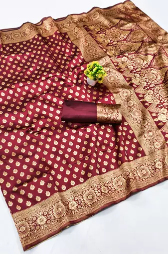 Maroon silk blend banarasi saree with unstitched blouse piece