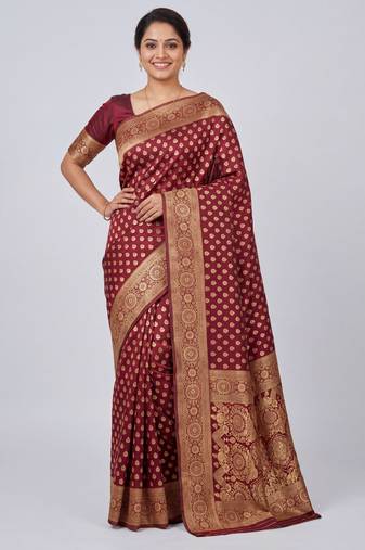 Maroon soft silk blend banarasi jacuard work designer party wear saree with unstitched blouse piece