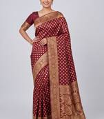 Maroon silk blend banarasi saree with unstitched blouse piece