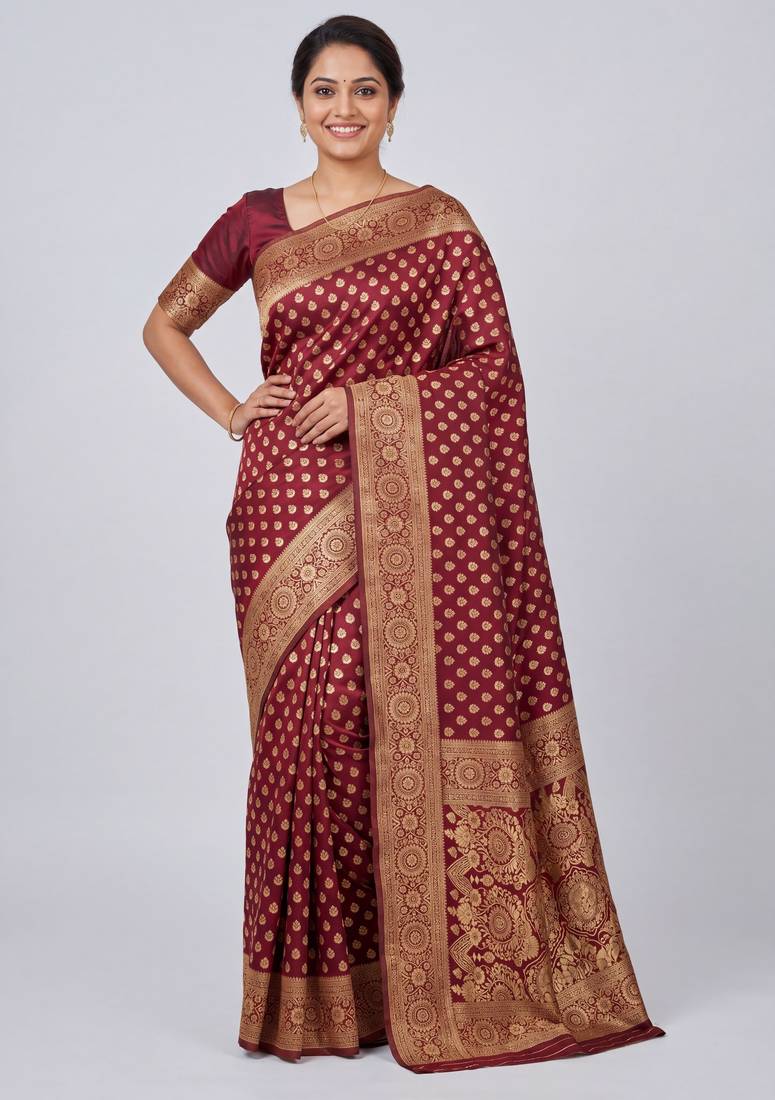 Maroon soft silk blend banarasi jacuard work designer party wear saree with unstitched blouse piece