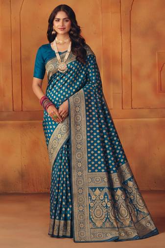 Morpich soft silk blend banarasi jacuard work designer party wear saree with unstitched blouse piece