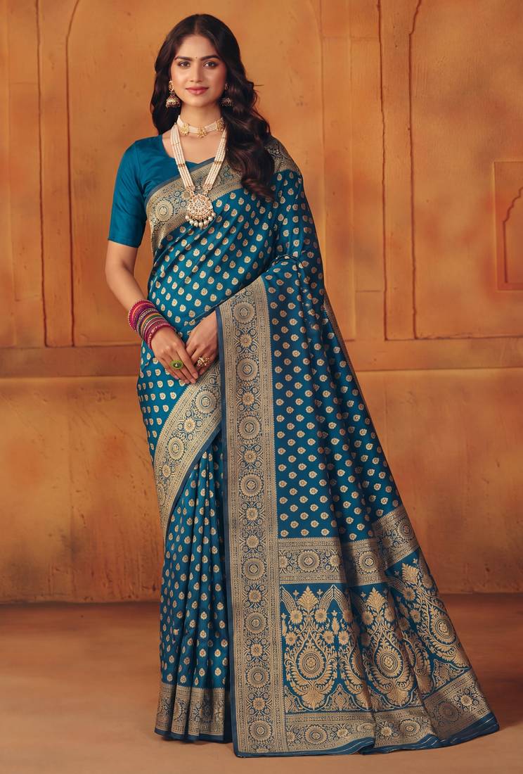 Morpich soft silk blend banarasi jacuard work designer party wear saree with unstitched blouse piece