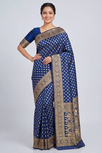 Navy blue soft silk blend banarasi jacuard work designer party wear saree with unstitched blouse piece