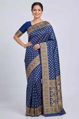Navy blue silk blend banarasi saree with unstitched blouse piece