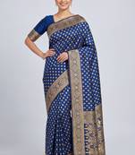 Navy blue silk blend banarasi saree with unstitched blouse piece