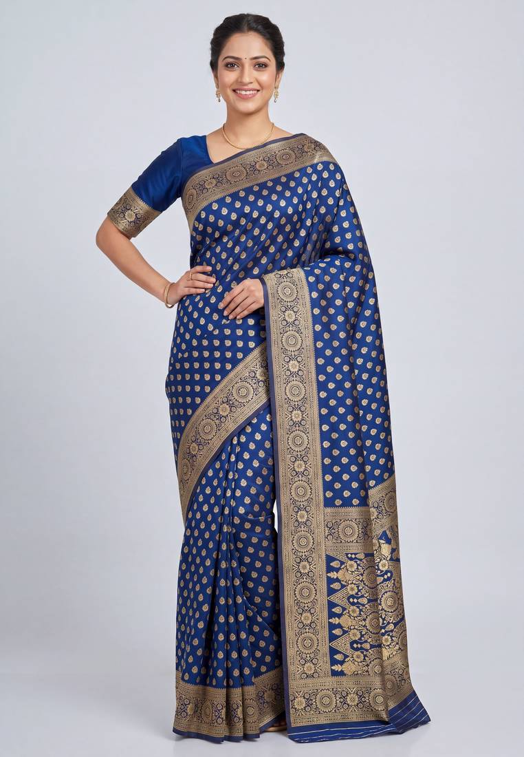 Navy blue soft silk blend banarasi jacuard work designer party wear saree with unstitched blouse piece