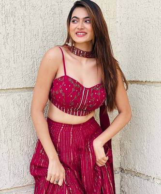 Pink Faux Georgette Lehenga Choli with Sequins & Dori Work and Choker Dupatta 2
