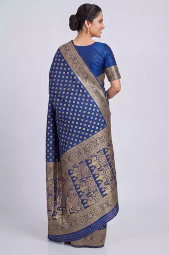 Navy blue silk blend banarasi saree with unstitched blouse piece
