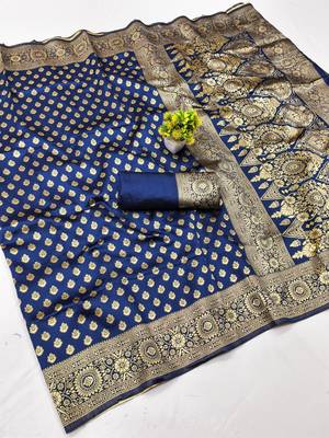 Navy blue silk blend banarasi saree with unstitched blouse piece 2