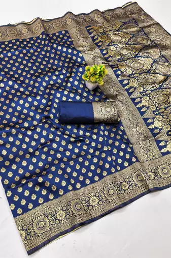 Navy blue silk blend banarasi saree with unstitched blouse piece