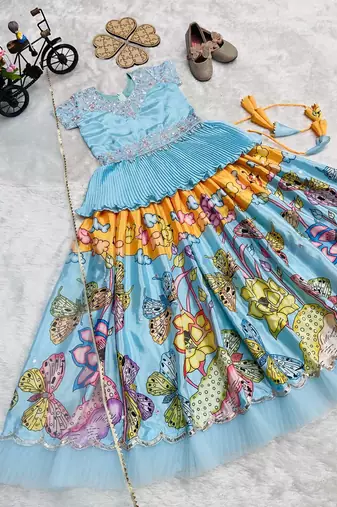 Alluring Heavy Chinon Silk Embroidery And Printed Sky Blue Readymade Lehenga Choli