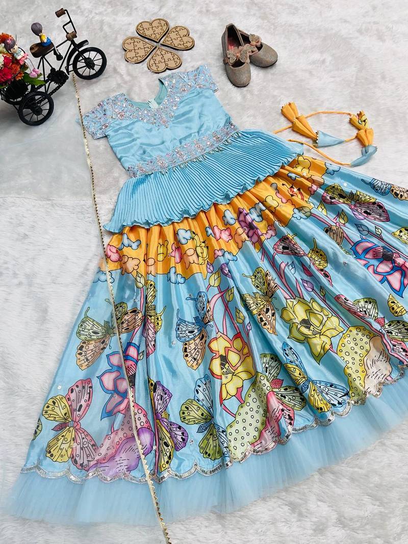 Alluring Heavy Chinon Silk Embroidery And Printed Sky Blue Readymade Lehenga Choli