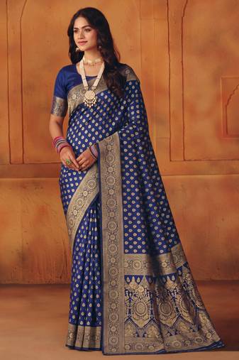 Navy blue soft silk blend banarasi jacuard work designer party wear saree with unstitched blouse piece