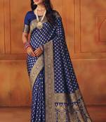 Navy blue silk blend banarasi saree with unstitched blouse piece