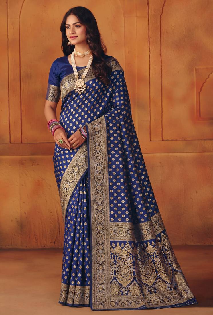 Navy blue soft silk blend banarasi jacuard work designer party wear saree with unstitched blouse piece