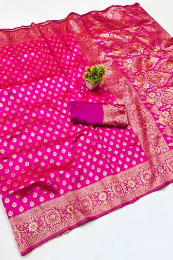 Pink silk blend banarasi saree with unstitched blouse piece