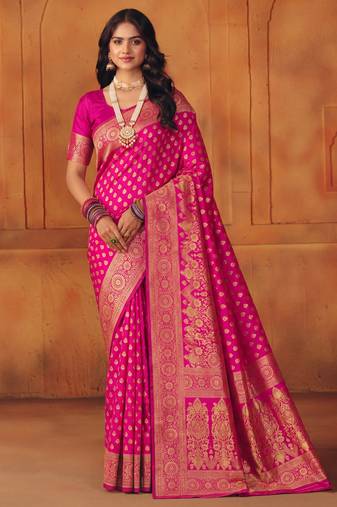 Pink soft silk blend banarasi jacuard work designer party wear saree with unstitched blouse piece