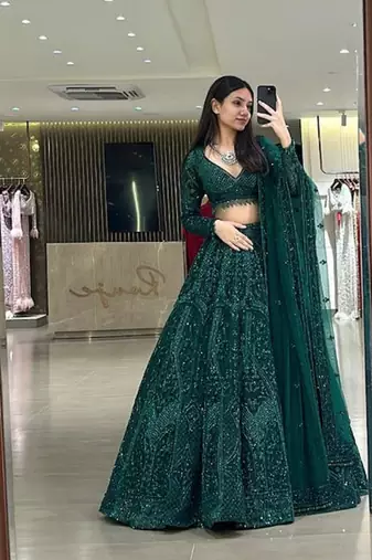 Wedding Wear Emerald Green Lehenga Choli with Sequins & Dori Work