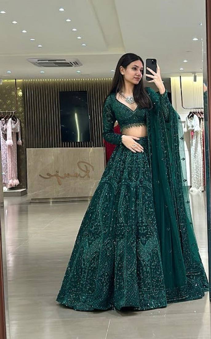 Wedding Wear Emerald Green Lehenga Choli with Sequins & Dori Work