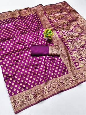 Purple silk blend banarasi saree with unstitched blouse piece 2