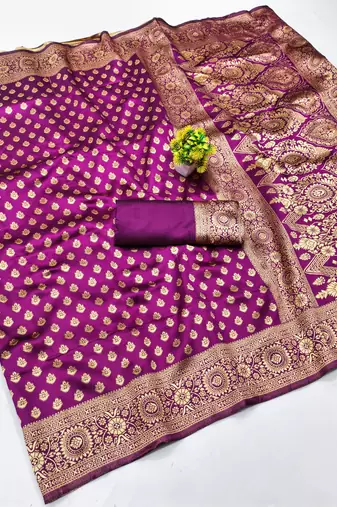 Purple silk blend banarasi saree with unstitched blouse piece