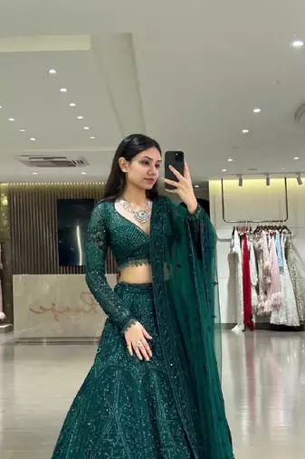 Wedding Wear Emerald Green Lehenga Choli with Sequins & Dori Work