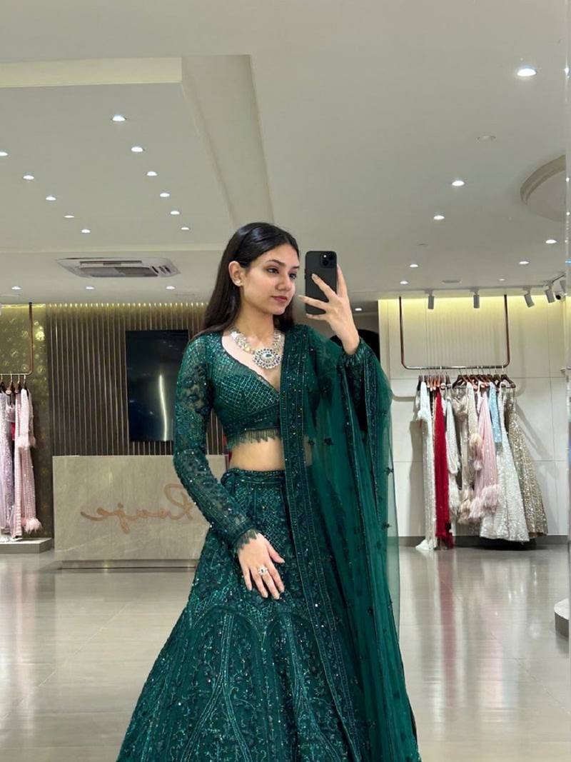 Wedding Wear Emerald Green Lehenga Choli with Sequins & Dori Work